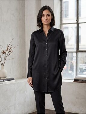 REPEAT The Shirt Black Satin Button-Up size 40/M